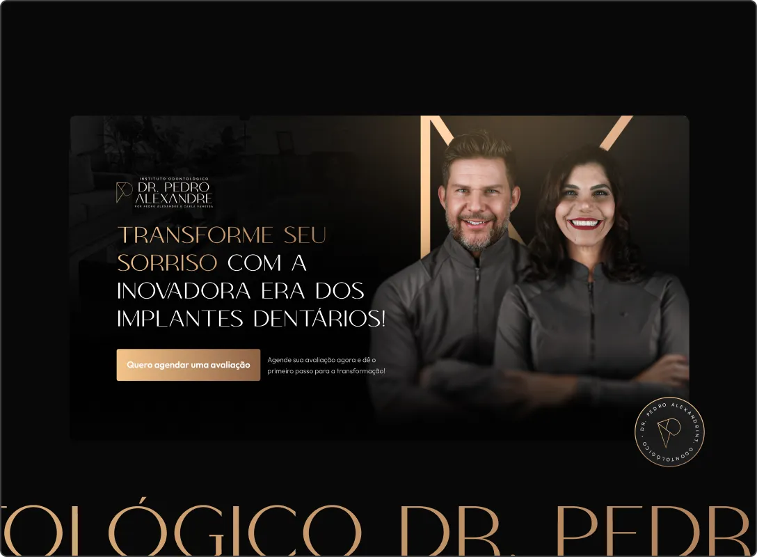 Landing page do Dr. Pedro Alexandre sobre implantes dentários, fundo escuro e tipografia dourada