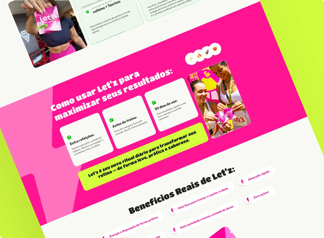 Landing page da Let'z em rosa e verde-limão
