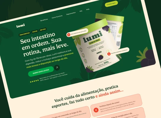 Landing page da Lumi, blend de fibras, em verde-escuro com o pote do produto