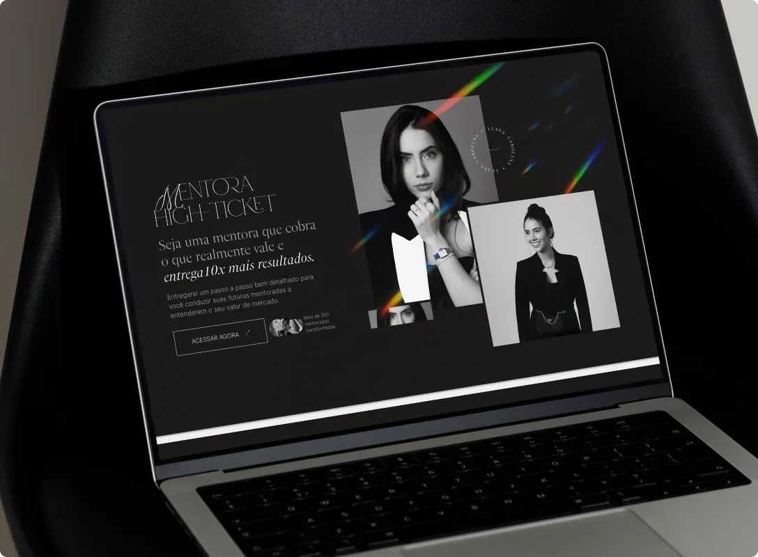 Site Mentora High Ticket em um MacBook, estética preto e branco